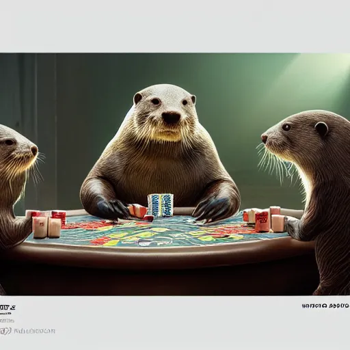 Image similar to otters playing poker, hyper detailed, dramatic lighting, cgsociety, realistic, hyper detailed, insane details, intricate, dramatic lighting, hypermaximalist, golden ratio, rule of thirds, octane render, weta digital, micro details, ultra wide angle, artstation trending, 8 k,