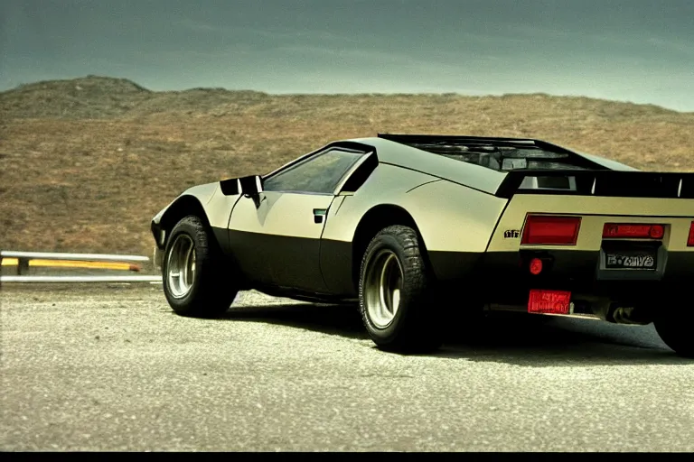 Prompt: De Tomaso Pantera, movie still, speed, cinematic Eastman 5384 film