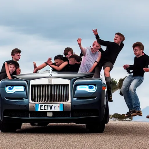 Image similar to Group of teenagers push Rolls-Royce into lake with their hands from a small slide