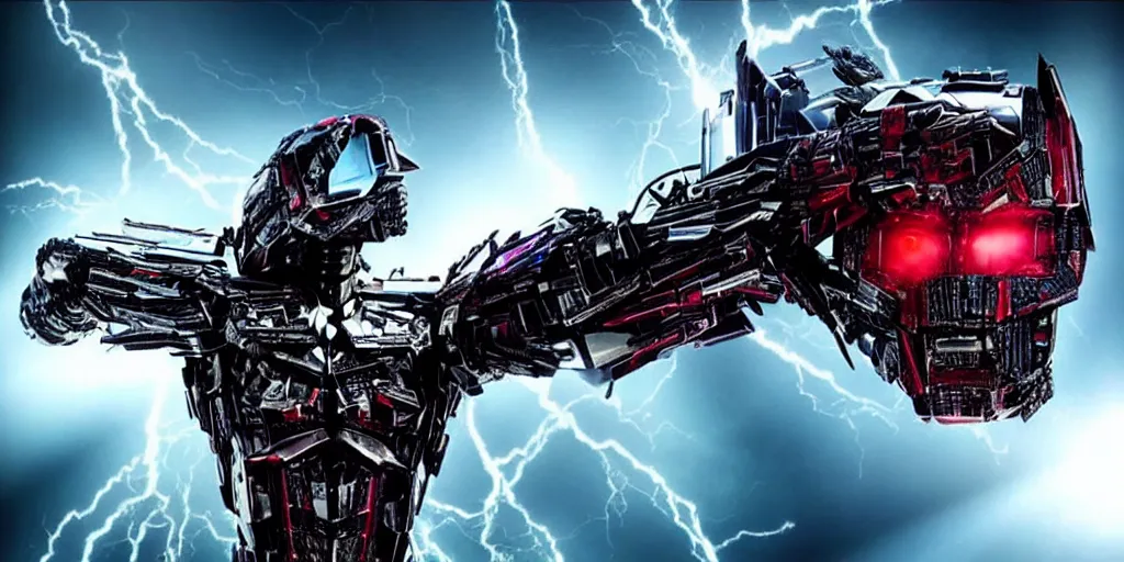 Image similar to “A Decepticon with the Head of Michael Jackson with glowing red eyes, cinematic Michael Bay movie, god rays, explosions, ultra realistic, 4K ultra HD”