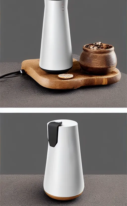 Prompt: a stylish handheld electric beverage mixer ; natural materials ; industrial design ; behance ; le manoosh ; pinterest ; if design award ; reddot design award