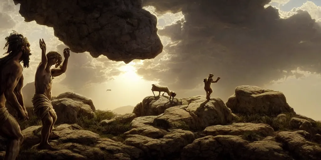 Image similar to realistic scene of biblical Cain and Abel before a stone altar with white smoke ascending in the background, a lamb in the foreground, inspired art by Frazetta + facial symmetry + bright dramatic volumetric lighting, well lit, 8k octane render, intricate, epic composition, golden hour, cinematic studio lighting + masterpiece, trending on artstation, very detailed, masterpiece, stunning