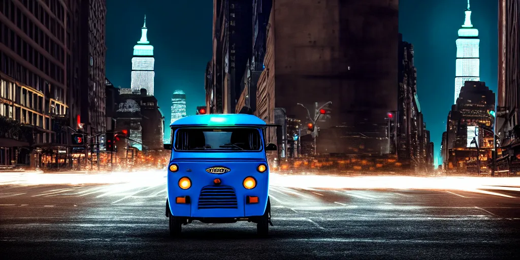 Image similar to an open frame blue tuk tuk going through a desolate manhattan city street at night, statue of liberty seen in the background, realistic 4 k octane beautifully detailed render, 4 k post - processing, highly detailed, detailed face, intricate complexity, epic composition, magical atmosphere, cinematic lighting, masterpiece, color picture, ultra hd