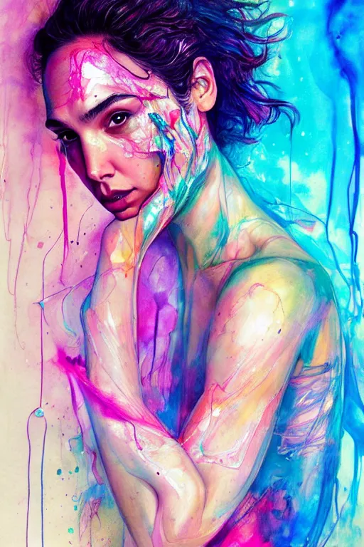 Image similar to gal gadot by agnes cecile enki bilal moebius, intricated details, sitting on a stool, full body portrait, extremely luminous bright design, pastel colours, drips, autumn lights