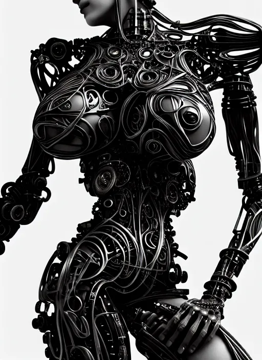 Image similar to organic cyborg full frontal torso close-up, black plastic, diffuse lighting, fantasy, intricate, elegant, highly detailed, lifelike, photorealistic, digital painting, artstation, illustration, concept art, smooth, sharp focus, art by John Collier and Albert Aublet and Krenz Cushart and Artem Demura and Alphonse Mucha