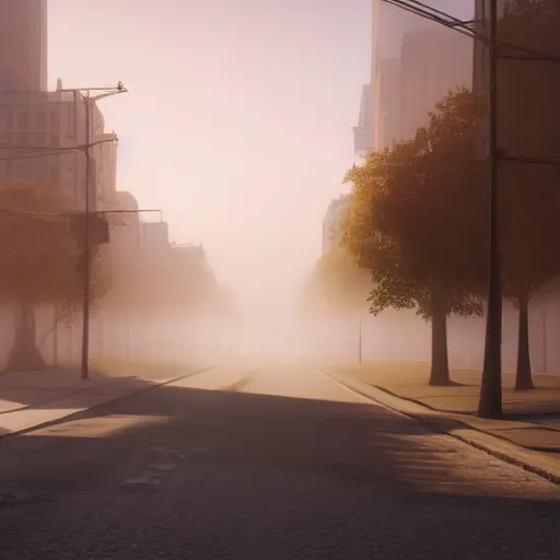 Image similar to still shot of a street covered in morning fog, highly detailed, photorealistic portrait, bright studio setting, studio lighting, crisp quality and light reflections, unreal engine 5 quality render