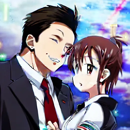 Image similar to anime key visual of Elon musk smugly looking at anime waifus, pixiv