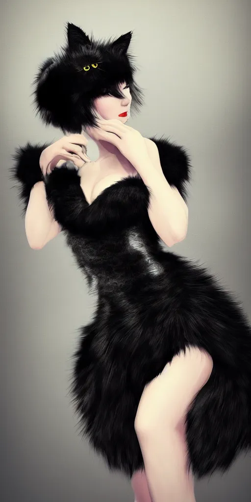 Prompt: full body aesthetic digital illustration of a beautiful young woman wearing a furry black dress, furry black cat ears and tail, by wlop and Julia Razumova, realistic, photorealistic, hyperrealistic, unreal engine, cosplay, octane, deviantArt, trending on artstation, artstation HQ