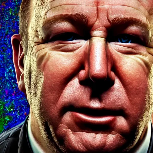 Prompt: hyperrealistic dslr film still of info wars alex jones, stunning 8 k octane comprehensive 3 d render, inspired by jackson pollock, perfect facial symmetry, dim volumetric cinematic lighting, extremely hyper - detailed, extremely lifelike attributes & lifelike texture, intricate, masterpiece, artstation, stunning