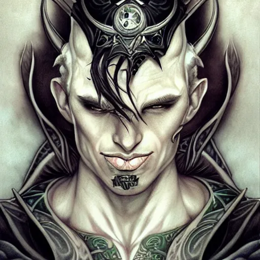 Image similar to handsome pale white tiefling with ink stylized tattoos, draconic masculine male shaman, portrait by Artgerm, peter mohrbacher W 704