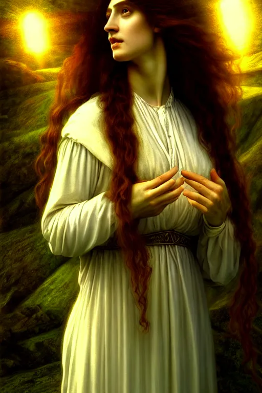 Prompt: gentle muse - priestess of the pre - raphaelites, complex, highly detailed, art station, illustration, jurgens, rutkovsky, bugro, volumetric dynamic lighting, highly detailed, cinematic lighting