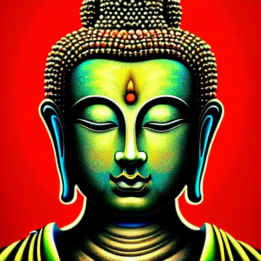 Prompt: An extremely psychedelic portrait of Buddha, surreal, LSD, face, detailed, intricate, elegant, lithe, highly detailed, digital painting, artstation, concept art, smooth, sharp focus, illustration