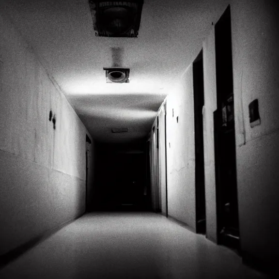 Prompt: a cosmic horror entity made of shadow inside an empty hallway, dark eerie photograph, wispy darkness
