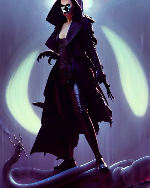 Image similar to beautiful fantasy character portrait, natalie portman, wearing oversized black trench coat, ultra realistic, wide angle, dramatic lighting, vultures,, cyberpunk artifacts, highly detailed by peter mohrbacher, hajime sorayama, wayne barlowe, boris vallejo, aaron horkey, gaston bussiere, craig mullins