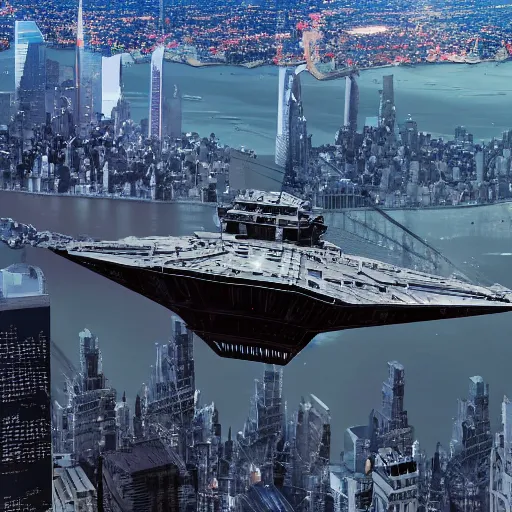 Prompt: A Star Destroyer above New York City, Realistic, 4k, Dark, Cyberpunk, High Detail