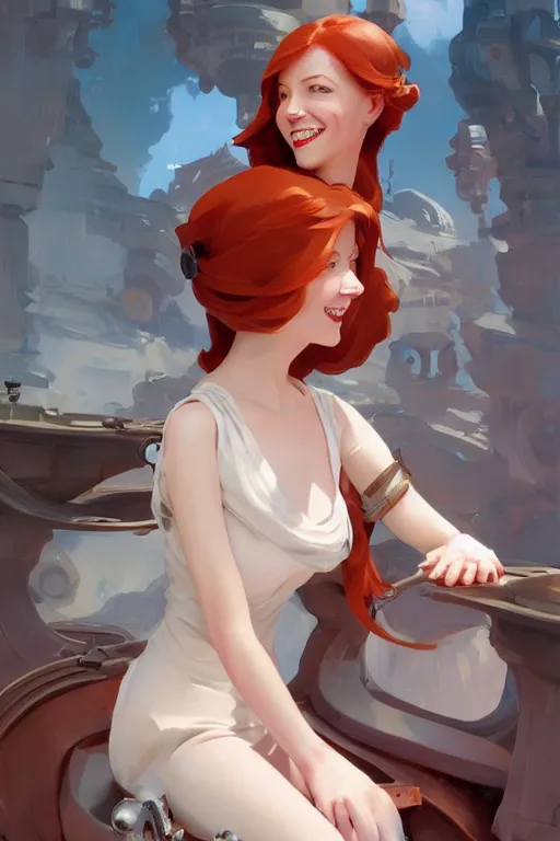 Image similar to concept art of curvacious redhead cyborg woman softly smiling at camera wearing 🩳 and 👕 illustration by sargent and leyendecker, studio ghibli, fantasy, medium shot, asymmetrical, intricate, elegant, matte painting, illustration, hearthstone, by rhads by greg rutkowski, by greg tocchini, by james gilleard, by joe fenton