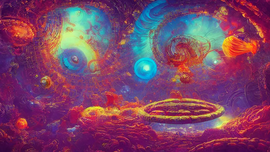 Prompt: lsd visuals dmt visuals shroom visuals a monkey face spirals and fractal designs infinity by Paul Lehr and Michaelangelo and moebius and beeple and in the middle a portal back to reality, filmic, cinematic, jellyfish