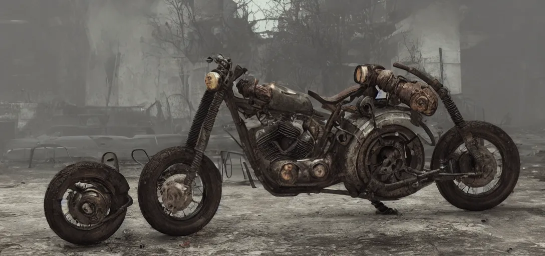 Prompt: fallout motorcycle, 8 k photorealistic, hd, high details, trending on artstation