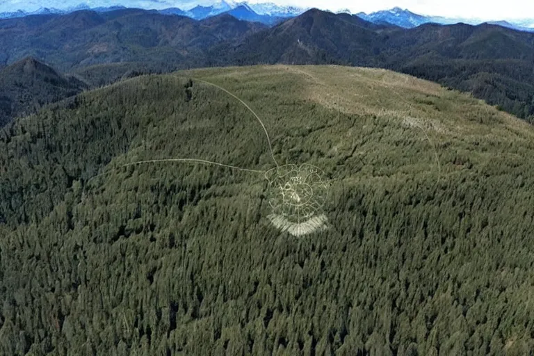 Image similar to the cascadian hilltops marked with alien symbols, news footage from helicopter perspective