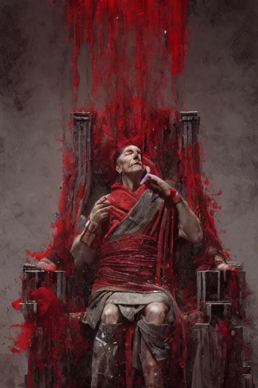 Prompt: the end is near. a tired julius caesar is sitting on his throne. face is highly detailed. splices of red are running down his toga. mist. color scheme red. low angle medium shot. imagined by jeremy lipking and greg rutkowski