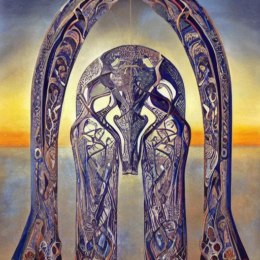 Image similar to source : google image ) style in. surrounded by eugeniusz zakaria and taro okamoto and gal barkan at sunset on junean amazing painting of ancient alien filigree and marble monuments by a seahorse