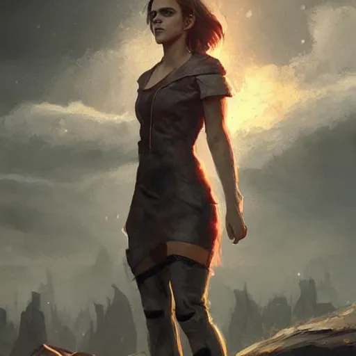 Image similar to a portrait of emma watson wearing skintight dress, post apocalyptic earth in the background as seen by greg rutkowski, dark theme, enchanted, warm colors, high quality, waw, trending on artstation