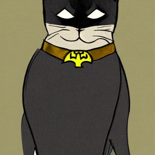 Image similar to Batman but he is a cat wearing a kilt