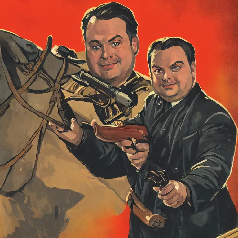 Prompt: propaganda poster rich evans holding a gun riding a chariot, 8 k, tredning on artstation