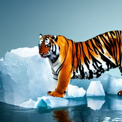 Prompt: a tiger with light blue and white stripes, standing on the top of a iceberg