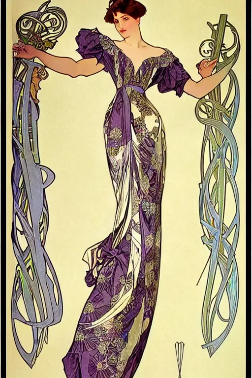 Prompt: 4 elegant full length dress designs with natural history prints designed by alphonso mucha