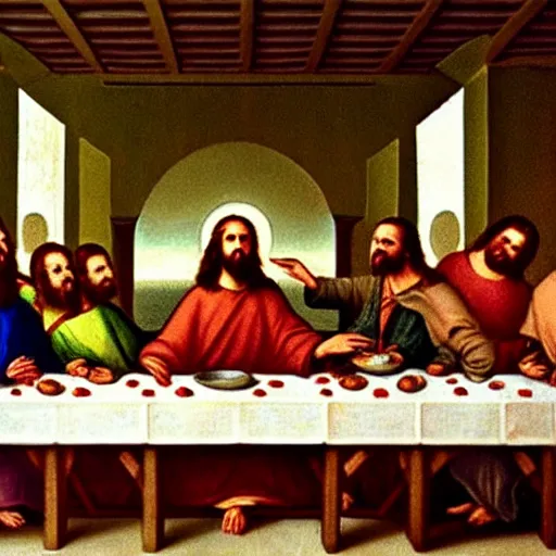 Prompt: in The Last Supper, Jesus is eating a large delicious hamburger that has a beef patty, lettuce, and tomato