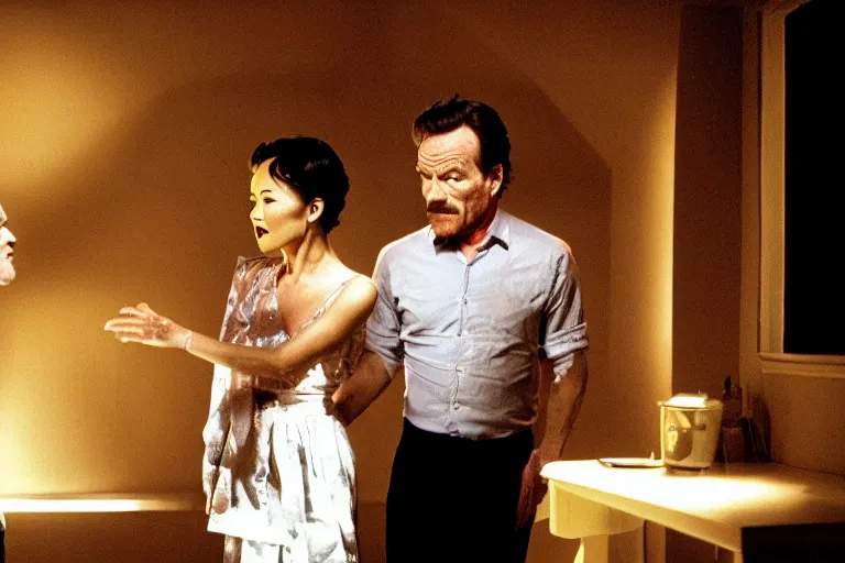 Image similar to film still of bryan cranston and josie packard in cosmic horror! the musical by david cronenberg, 3 5 mm film, atmospheric, ultra fine detail, film grain, photorealistic