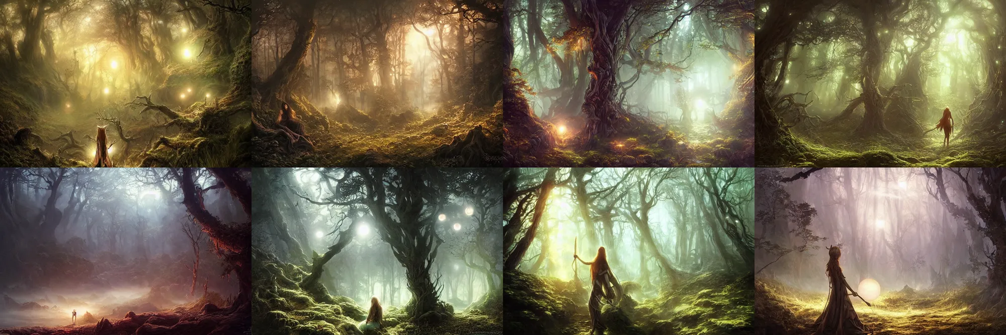 Image similar to an old elven wood, a view to an eerie fantasy world, glowing orbs, ethereal back light, mist, coherent composition, detailed fantasy painting by artgerm, noriyoshi ohrai, yuumei