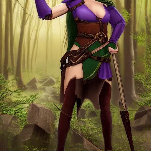 Prompt: athena as a medieval fantasy wood elf, dark purplish hair tucked behind ears, wearing a green tunic with a fur lined collar and brown leather armor, wide, muscular build, scar across nose, one black, scaled arm, cinematic, character art, digital art, forest background, realistic. 8 k,