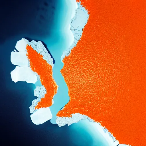 Image similar to top down view of map of country iceland made out of ice, accurate map, surrounded by ocean made out of hot orange lava, realistic