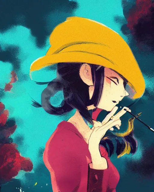 Image similar to girl with beret smoking a cigarette, colored manga panel, drawn by Anton Fadeev