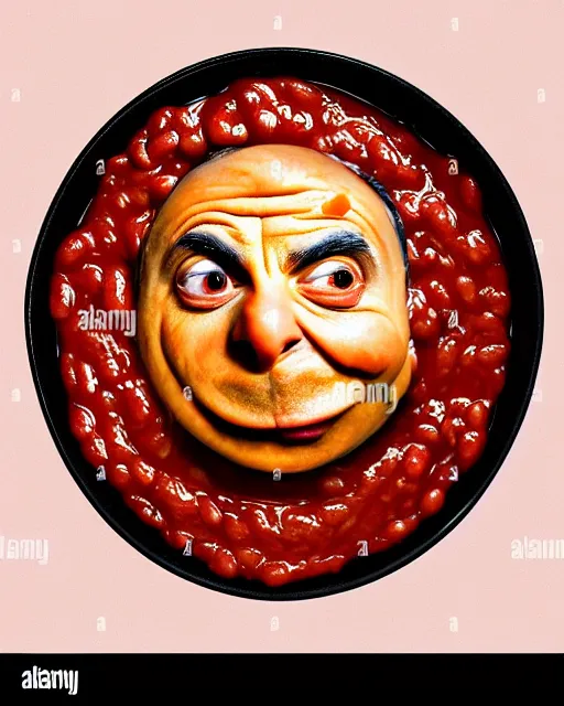 Image similar to portrait of mr bean's face in a bowl full of baked beans, face covered in beans and tomato sauce, baked beans covering his eyes, a pile of baked beans on his head, his mouth wide open and full of baked beans, overflowing with baked beans, muted colors, surrealist oil painting, highly detailed