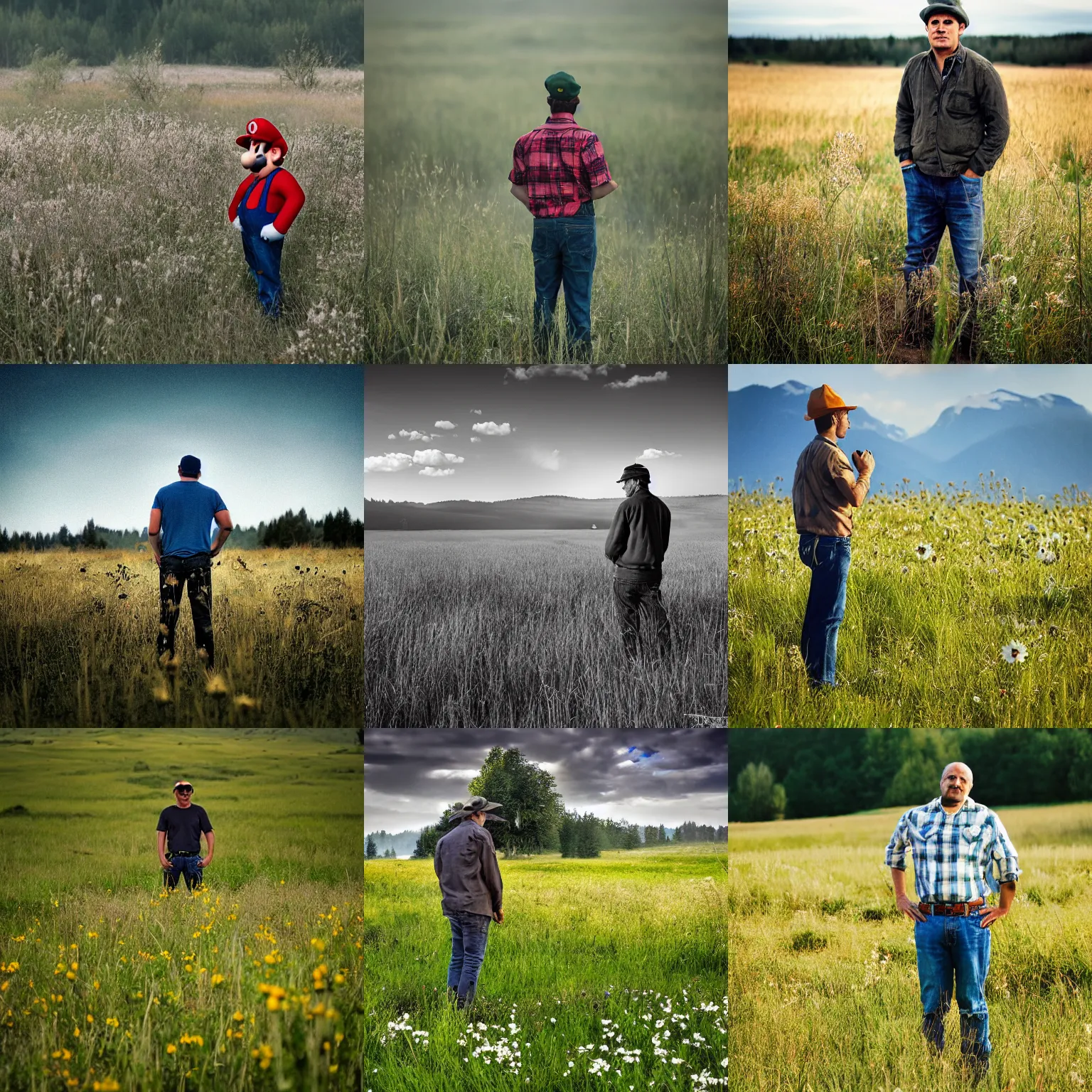 Prompt: mario standing in a meadow, wildlife photography