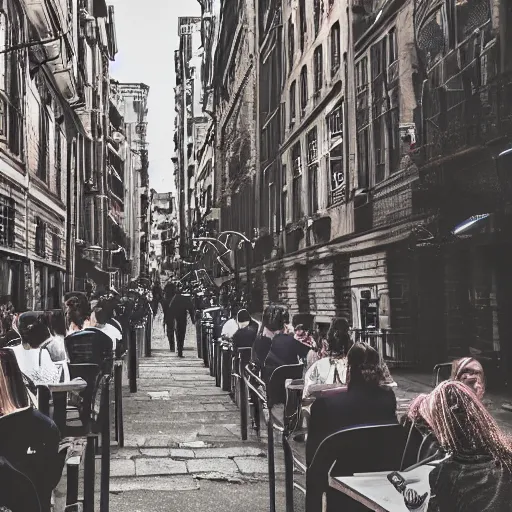 Image similar to people sitting in rows of desks in the middle of a city street, first person view from back row, dream - like atmosphere, high quality digital art