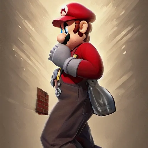 Image similar to full body shot of man super mario, brick wall background, highly detailed, digital painting, artstation, illustration, art by artgerm and greg rutkowski and alphonse mucha