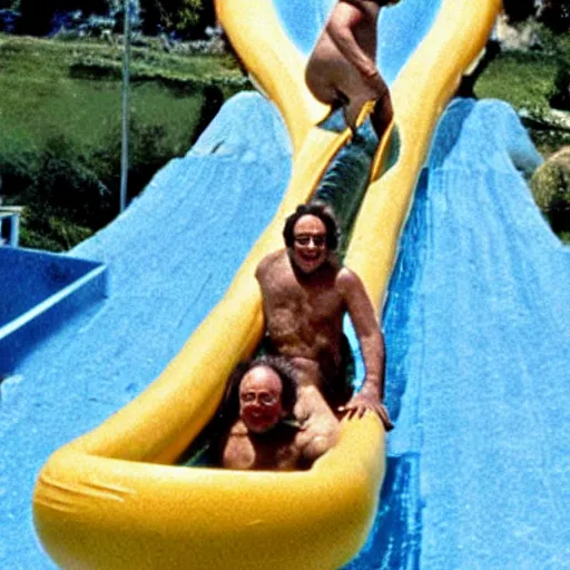 Image similar to danny devito sliding down a very tall waterslide movie still