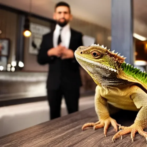 Prompt: a bearded dragon standing up, wearing a suit and tie in a restaurant, with his hands together