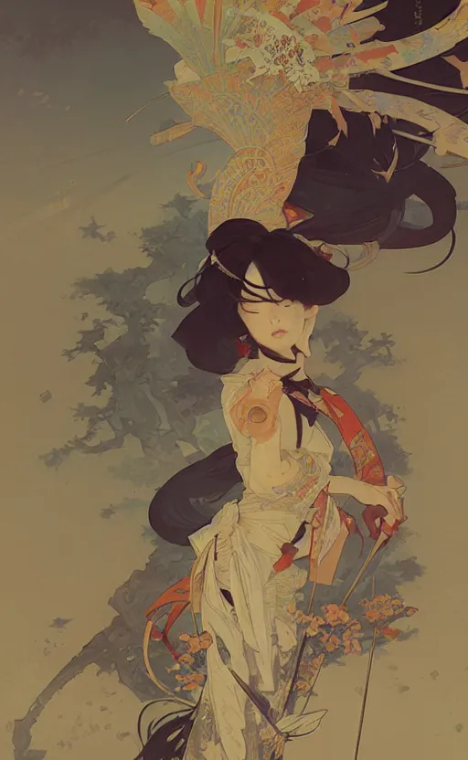 Image similar to personification of japan, highly detailed, digital painting, artstation, concept art, sharp focus, illustration, art by greg rutkowski and alphonse mucha