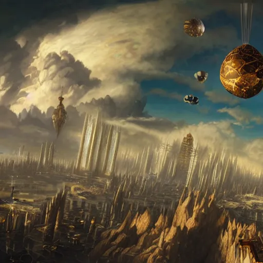 Image similar to enormous flying city in a faberge egg, sky, steampunk, fantasy art, masterpiece, hugh ferriss, unreal engine, peder balke, clouds background