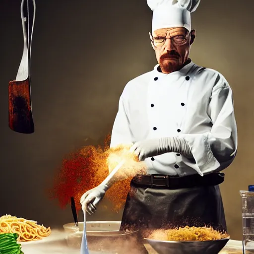 Image similar to walter white from breaking bad cooking spaghetti, 4 k, realistic, full body, full image, studio portrait