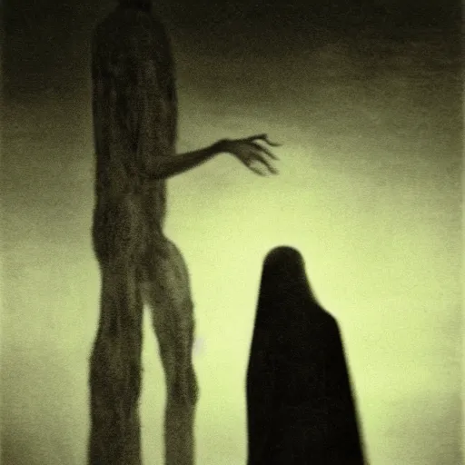 Image similar to bad quality vintage snap photography of realistic walking faceless beast-god with many long arms, a huge body covered with deep furs by Zdzisław Beksiński, odd eye, dark fantasy, fat, noiz, unbalanced , blur, haze, fog, vignetting, platinum printing