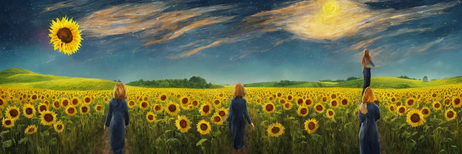 Image similar to giant sunflower as a head, girl walking in wheat field, hills, surreal photography, dark night, star trails, dramatic light, impressionist painting, clouds, digital painting, artstation, simon stalenhag