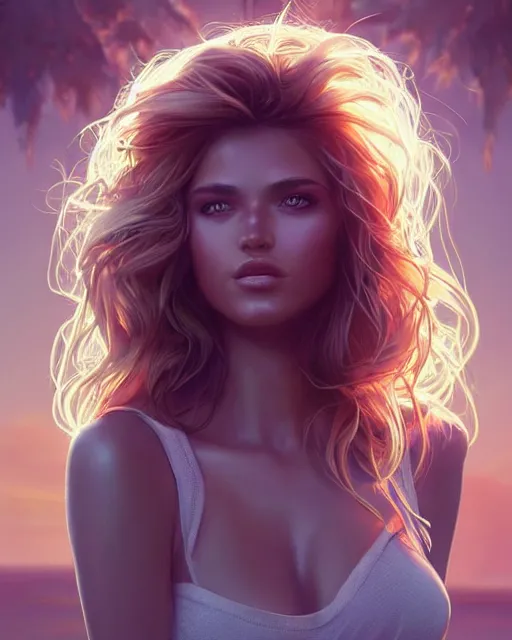 Image similar to summer vibes, beautiful sun tanned goddess portrait, flowy sunkissed hair, sun, summer, cinematic lighting, highly detailed, digital painting, trending on artstation, pixiv, concept art, sharp focus, illustration, art by ross tran and wlop