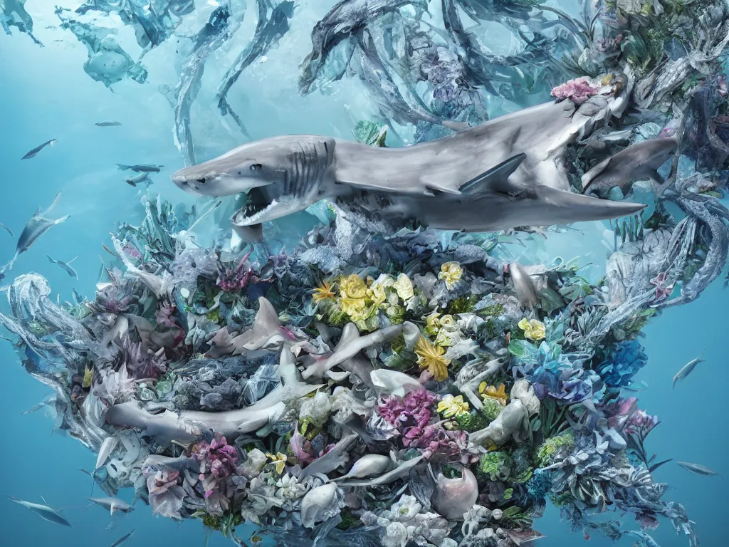 Image similar to a sculpture of ocean shark intertwined, a lovely cornucopia of flowers and human body parts, elegantly, highly detailed, octane render, cinematic, shock, sharp focus