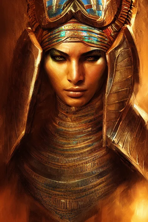 Prompt: egyptian warrior, portrait, fierce, intricate, elegant, volumetric lighting, digital painting, highly detailed, artstation, sharp focus, illustration, concept art, ruan jia, steve mccurry